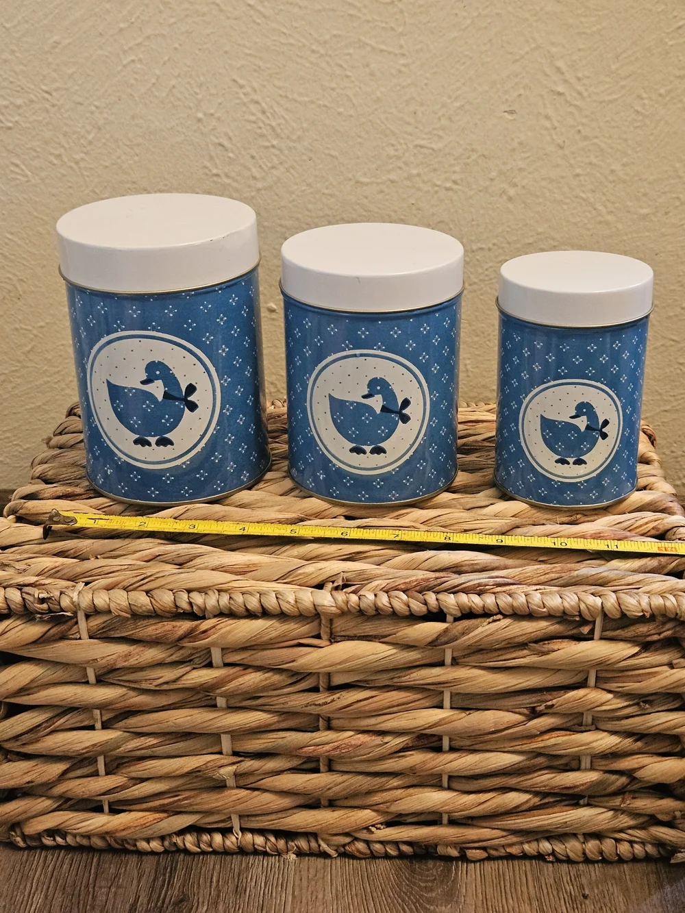 Vintage 1980s Blue Country Goose Nesting Tin Canister Set - 3 Piece